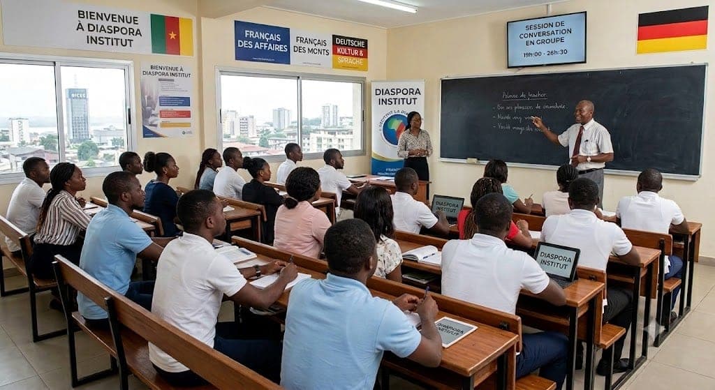 Salle de cours de Diaspora Institut avec un enseignant et des etudiants en pleine session d'allemand